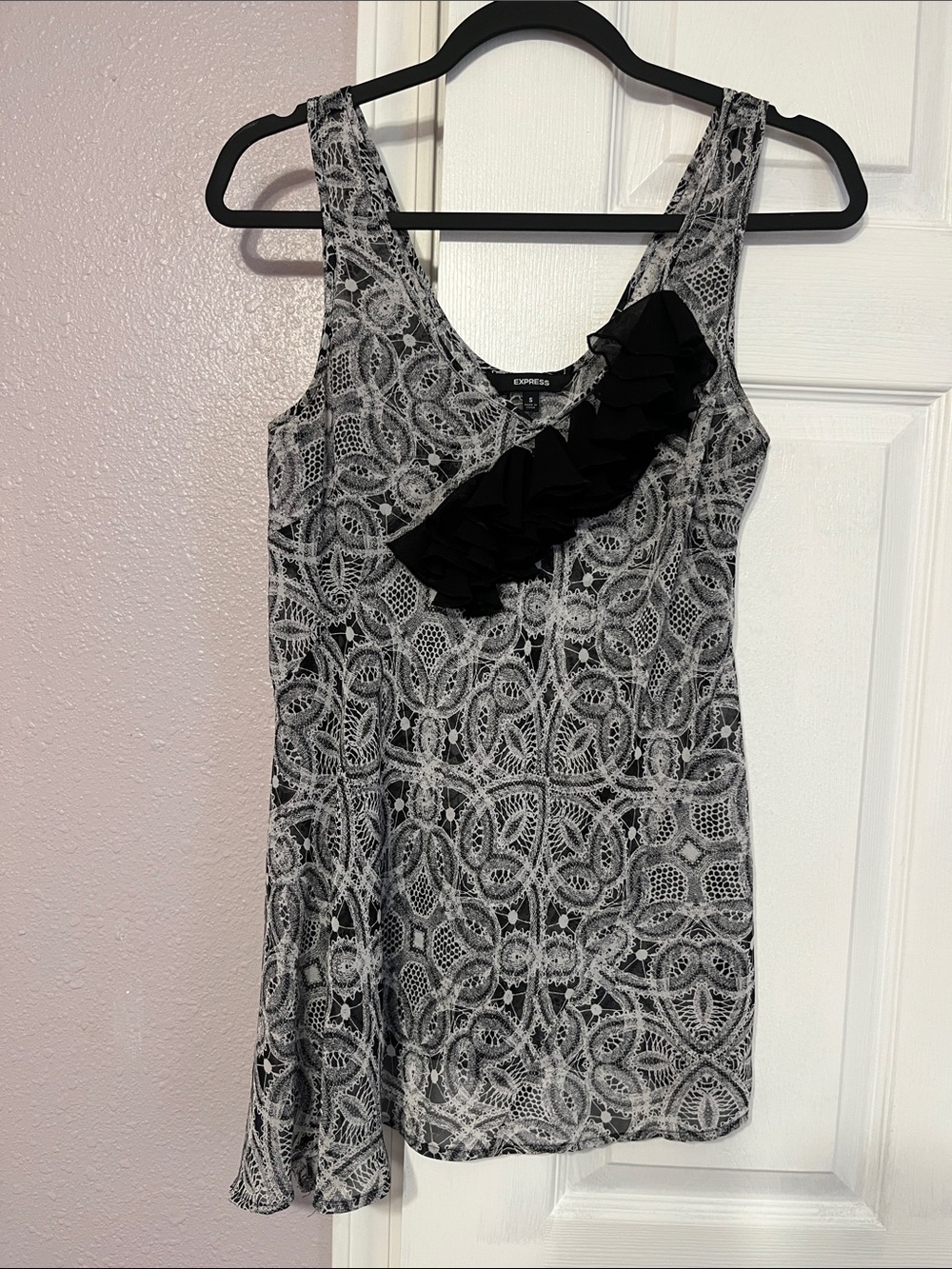 Express Black and White One-Shoulder Ruffle-Accent Dress